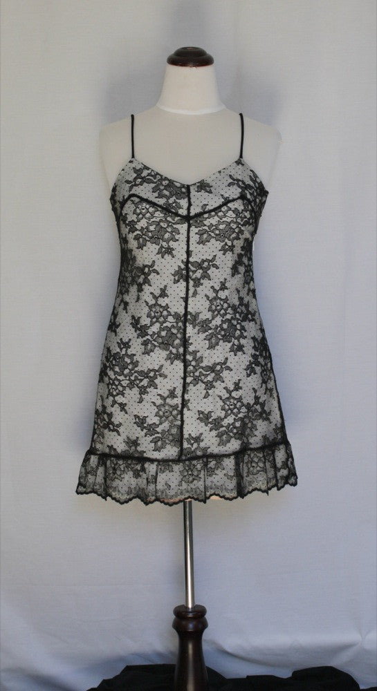 Polka-dotted Sheath with Black Lace Overlay